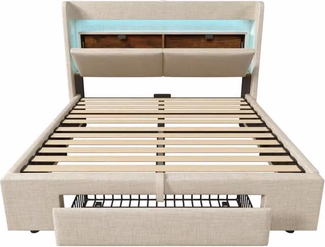 Letto imbottito 140x200 cm con contenitore idraulico, testiera con vano portaoggetti, illuminazione LED e porte USB/USB-C, struttura con doghe in legno, beige, lino, con materasso