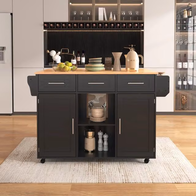 Carrello cucina multifunzionale WISHDOR con piano ribaltabile, 3 cassetti e 3 vani, nero/naturale, L/P/H: 139 x 46 x 91,5 cm – 1