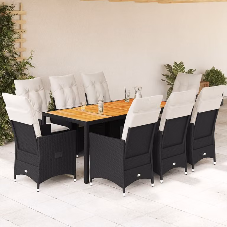 Set da pranzo da giardino vidaXL in polyrattan e legno di acacia nero e bianco con 9 pezzi e cuscini