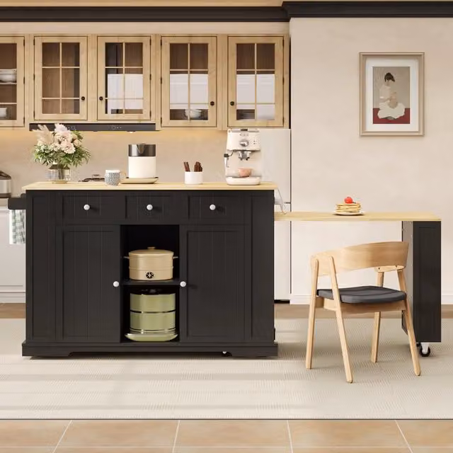 Isola cucina mobile WISHDOR con tavolo estraibile, prese AC e USB, 2 ante e 2 cassetti, colore nero opaco, L/P/H: 138 x 55 x 93 cm