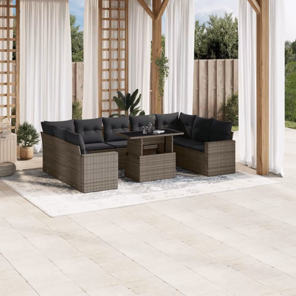 vidaXL Set Divano da Giardino 10 pz a Forma a L in Polyrattan Grigio con Cuscini e Tavolino – 1