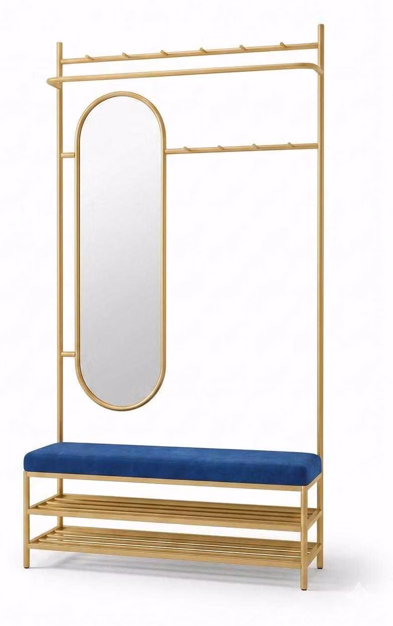 Panca portaoggetti in metallo con ganci e ripiano, ideale per l'ingresso, dal design moderno ed elegante, disponibile in blu