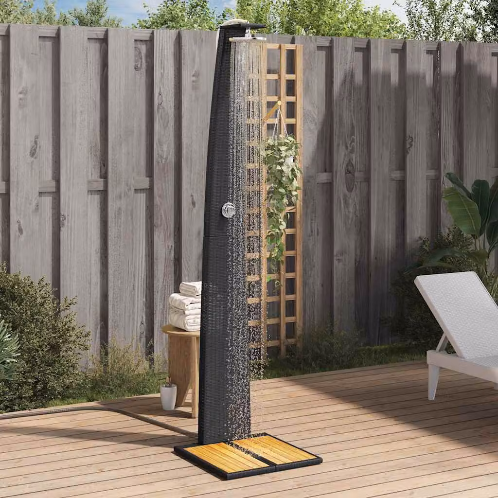 Doccia da esterno vidaXL in polyrattan e legno di acacia, colore nero, L: 55 cm, P: 60 cm, H: 224 cm