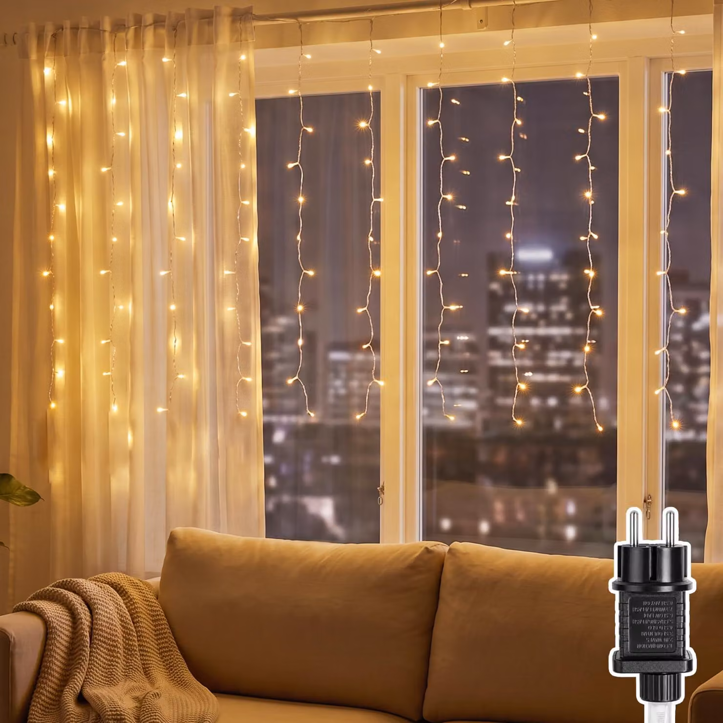 Tenda luminosa a LED effetto pioggia di ghiaccio, dimensioni 3x1 metro, luce bianco caldo, 150 LED, grado di protezione IP44, 8 modalità