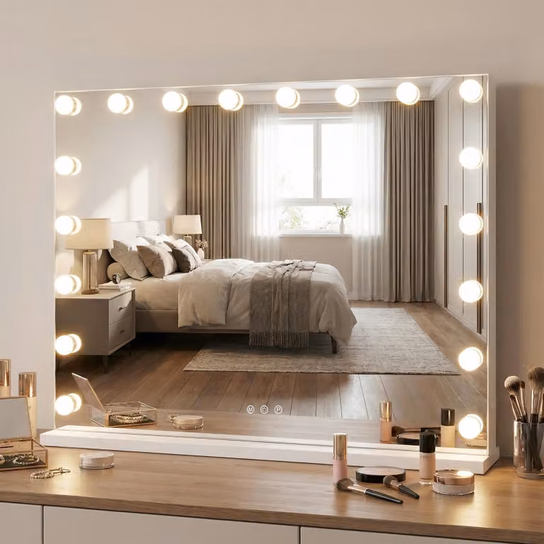 Specchio cosmetico COSTWAY Hollywood, specchio cosmetico con 18 lampadine LED, 3 colori di luce, luminosità regolabile e comando touch 80x60 cm
