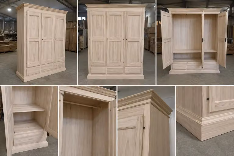 Armadio classico Mobili 2G con 3 ante e 3 cassetti in legno grezzo, L: 182 cm, P: 61 cm, H: 221 cm