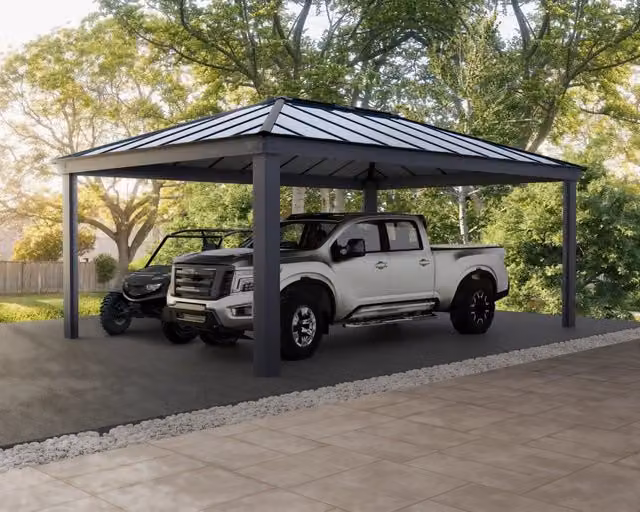 Carport doppio moderno CANOPIA in alluminio e policarbonato grigio con tetto a capanna L: 600 cm, P: 430 cm, H: 200 cm