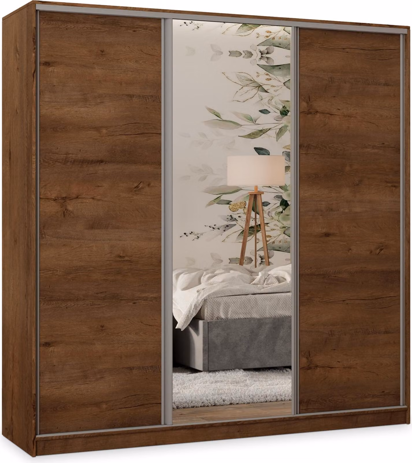 Armadio scorrevole Masseno TARI 180/205/58 cm Armadio con 4 cassetti Armadio per camera da letto a 3 ante con specchio Rovere Lefkas