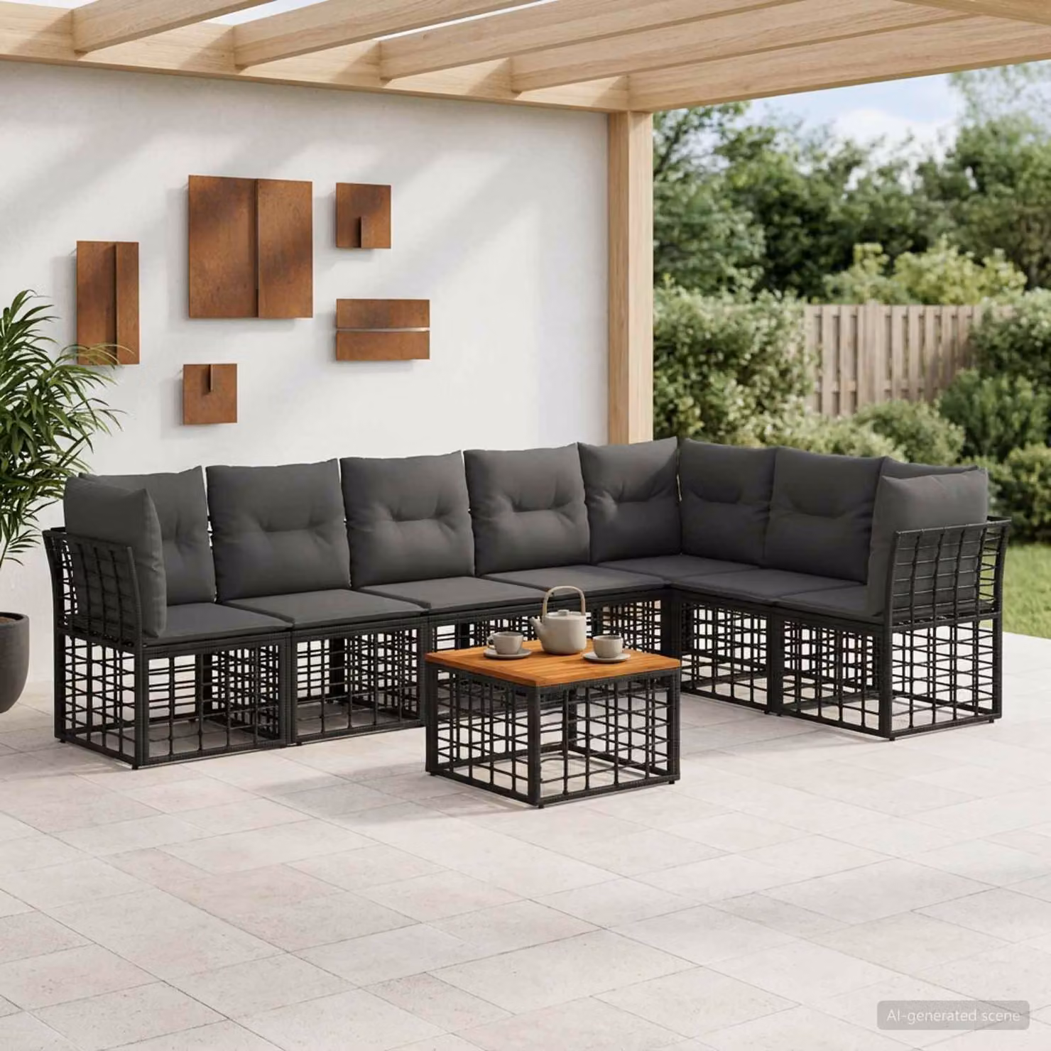 vidaXL Set di divani da esterno a L con tavolo da caffè, 8 pezzi, Nero e Grigio, in metallo e tessuto resistente alle intemperie