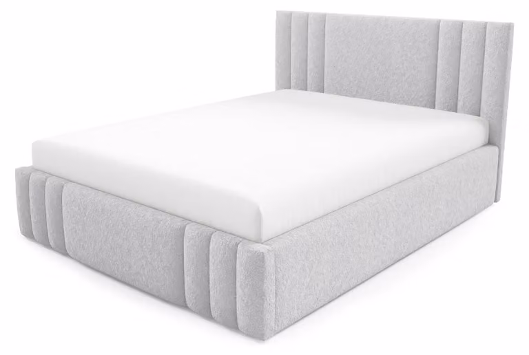 Letto imbottito con contenitore e gonna a pavimento, finitura grigio perla, dimensioni 160 x 200 cm