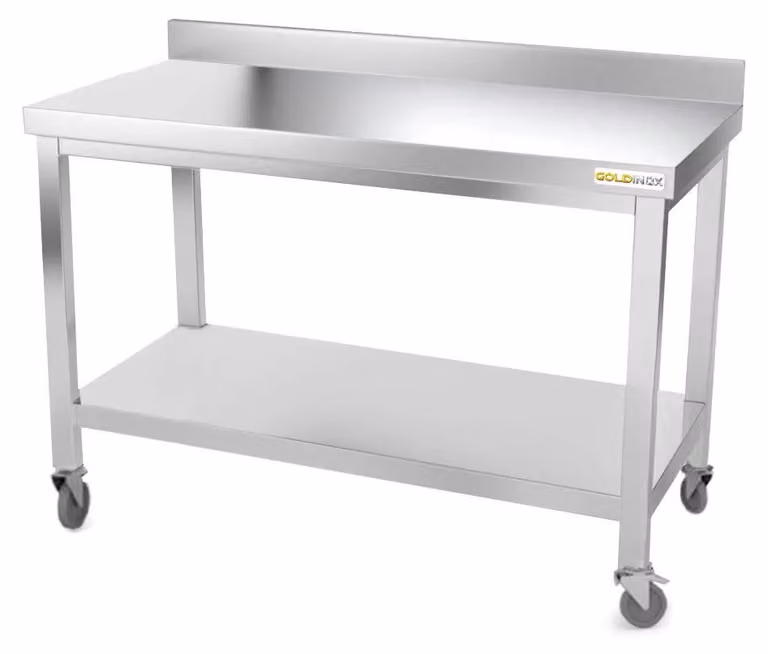 Tavolo da lavoro in acciaio inossidabile, dimensioni 1400 x 600 mm, montato su rotelle, modello PREMIUM - GOLDINOX