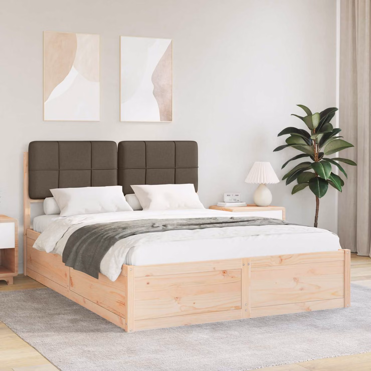 Letto con Testiera Rivestita in Pino Massello vidaXL, Colore Beige/Grigio, 150 x 200 cm – 1