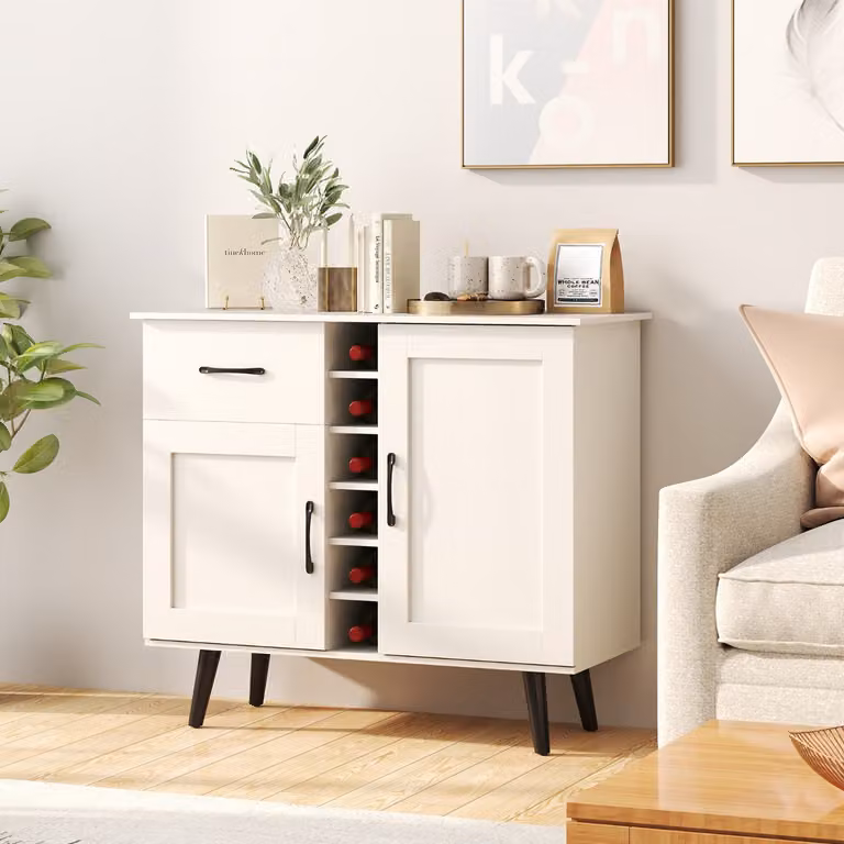 Credenza buffet Costway moderna con portabottiglie per 6 bottiglie e cassetto, armadio da bar bianco per cucina e soggiorno