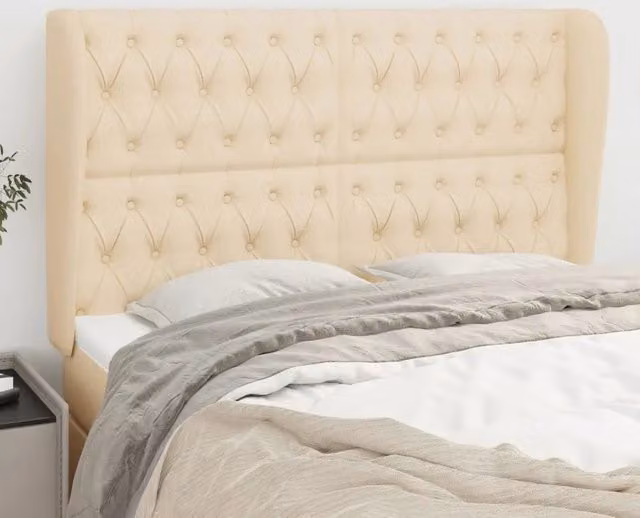 Testiera ad orecchio vidaXL in tessuto beige con struttura in legno e materiali misti L/P/H: 147 x 23 x 118/128 cm