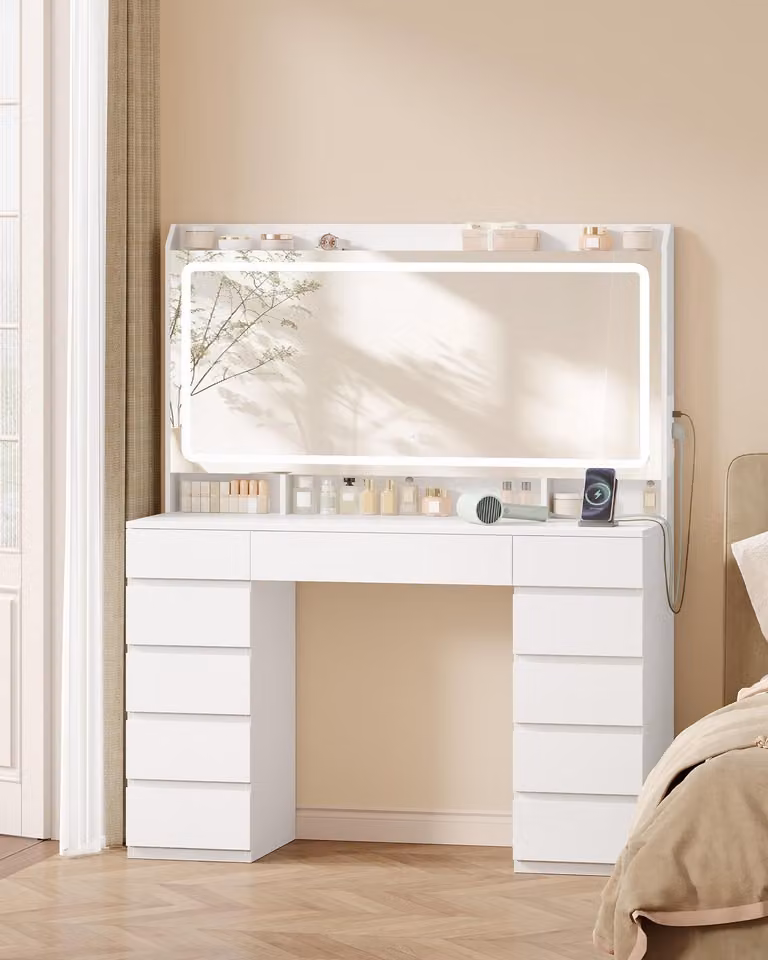 Comò con grande specchio - Bianco - Illuminazione LED - 117x57x32 cm