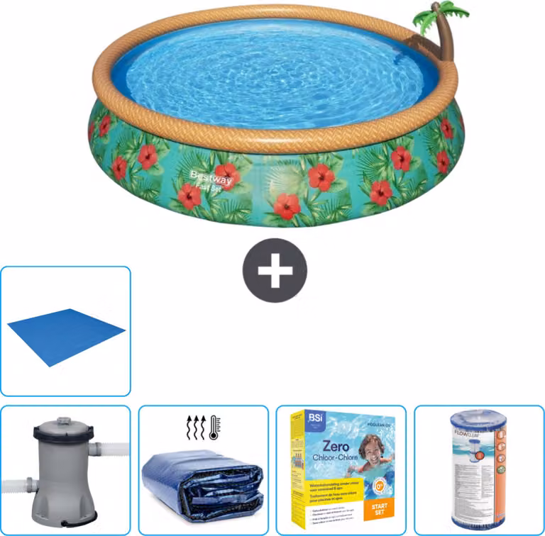 Piscina gonfiabile rotonda Bestway ad ambientazione rapida - Paradise Print - 457 x 84 cm - inclusa pompa - tenda da sole - pacchetto manutenzione - filtro - telo di fondo