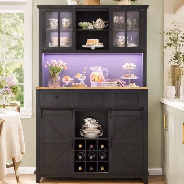 Armadio da cucina REDOM nero con ante in vetro, illuminazione integrata e portabottiglie, L/P/H: 105 x 38,4 x 180 cm
