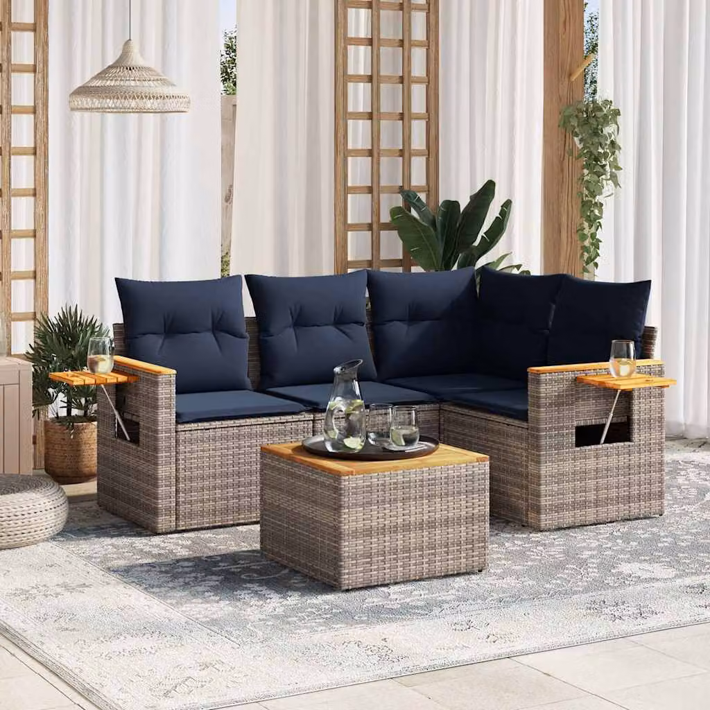 vidaXL Set Divani da Giardino 5 pz a Forma a L con Cuscini Grigio in Polyrattan e Legno di Acacia – 1