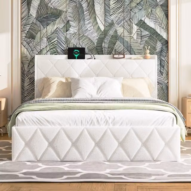 Letto imbottito in velluto bianco con USB, LED e 6 cassetti, 140x200 cm