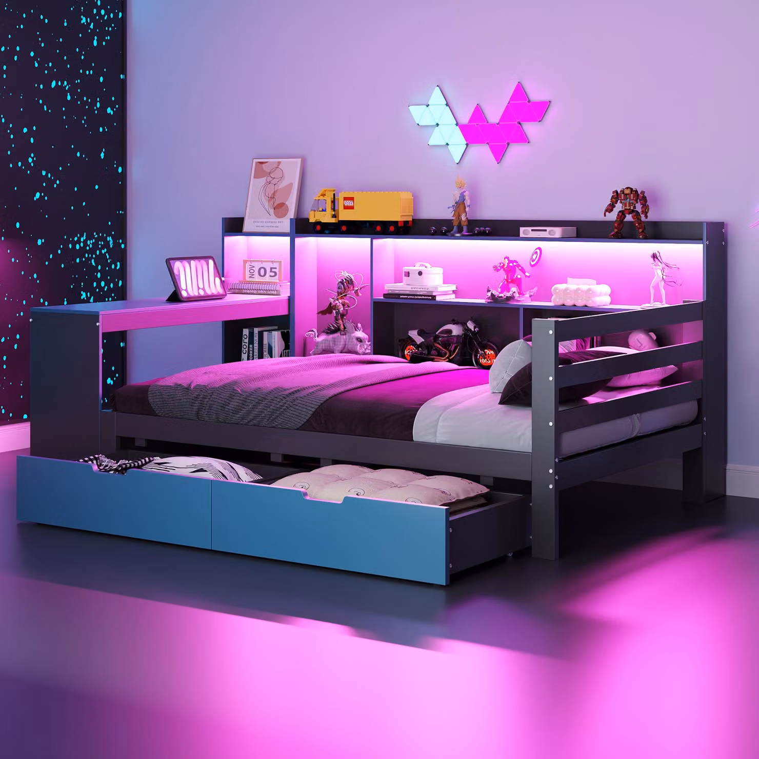 Divano letto okwish multifunzione 90x200 con scrivania e libreria, letto per bambini con illuminazione LED e prese di corrente, letto singolo con contenitori e scaffali, nero e blu (senza materasso)