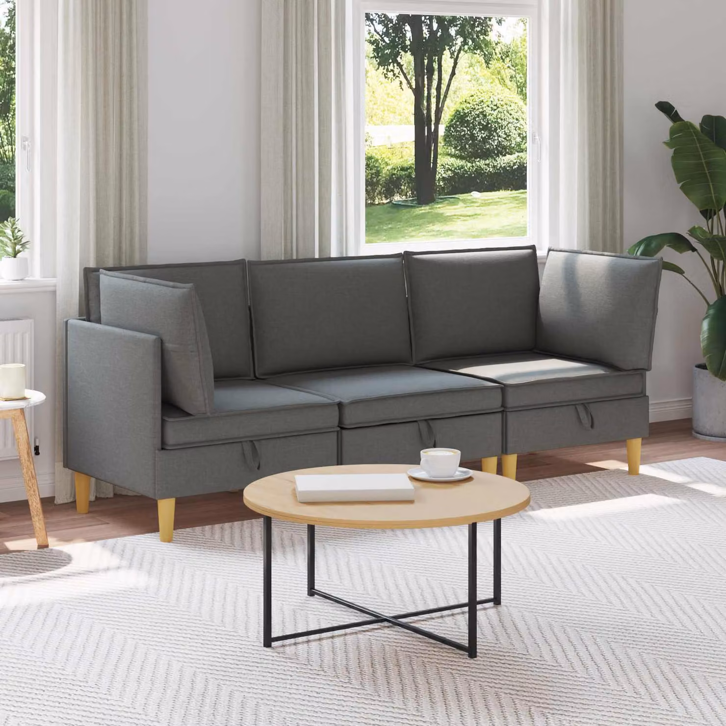 Set di divani modulari L-shape vidaXL in tessuto grigio con spazio di archiviazione, 3 pezzi