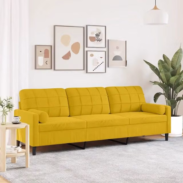Divano a 3 posti moderno vidaXL in velluto giallo con cuscini e coperture rimovibili L: 226 cm, P: 80 cm, H: 77 cm
