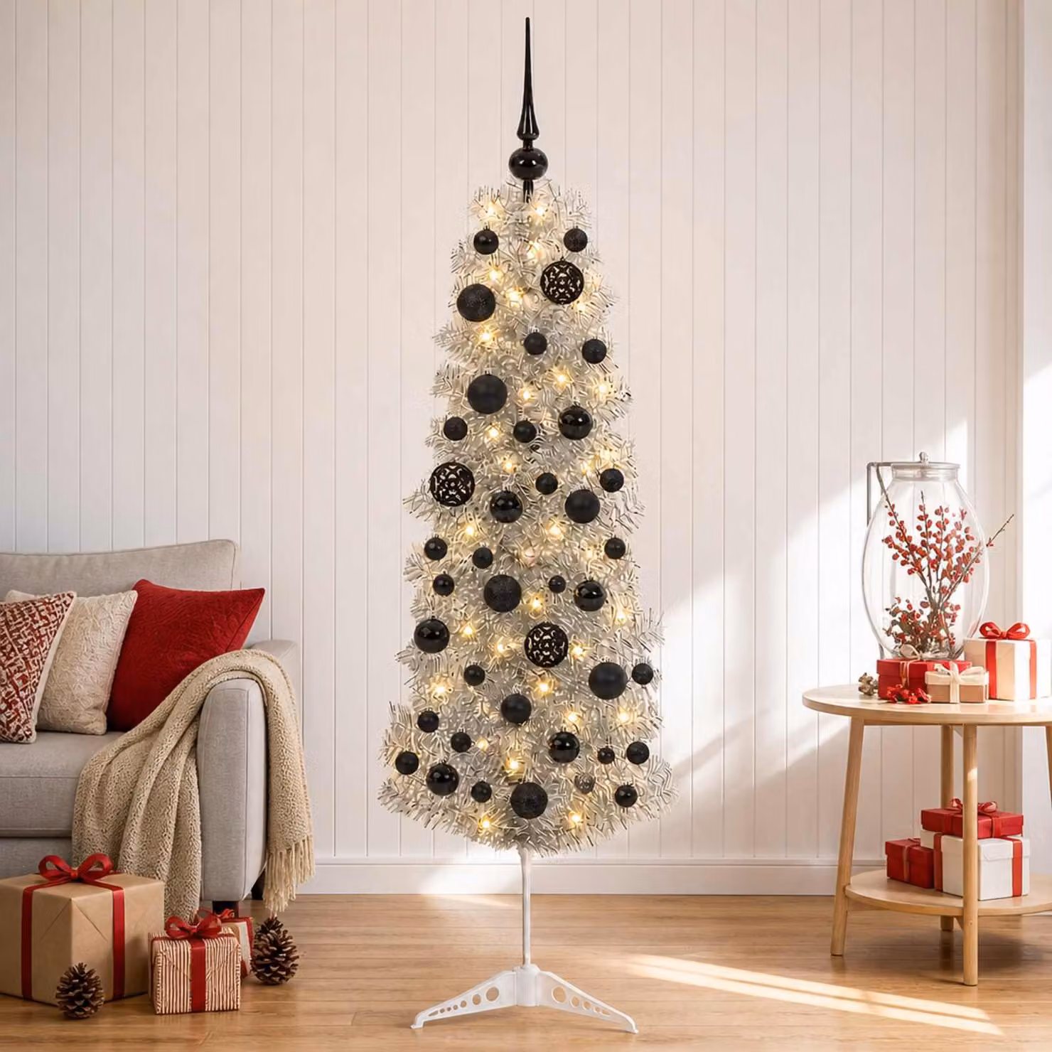 Albero di Natale artificiale, sottile, con decorazioni a forma di pallina, altezza 150 cm