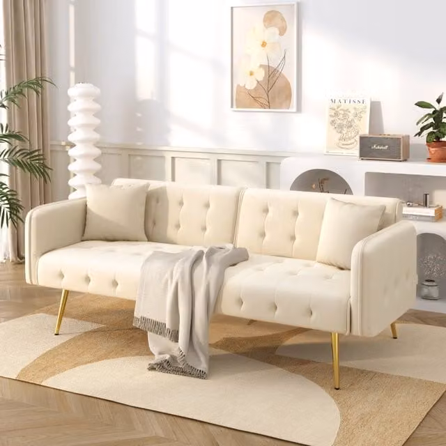 Divano letto MIVRAY a 2 posti in velluto beige e oro con schienale regolabile e funzione letto per soggiorno moderno
