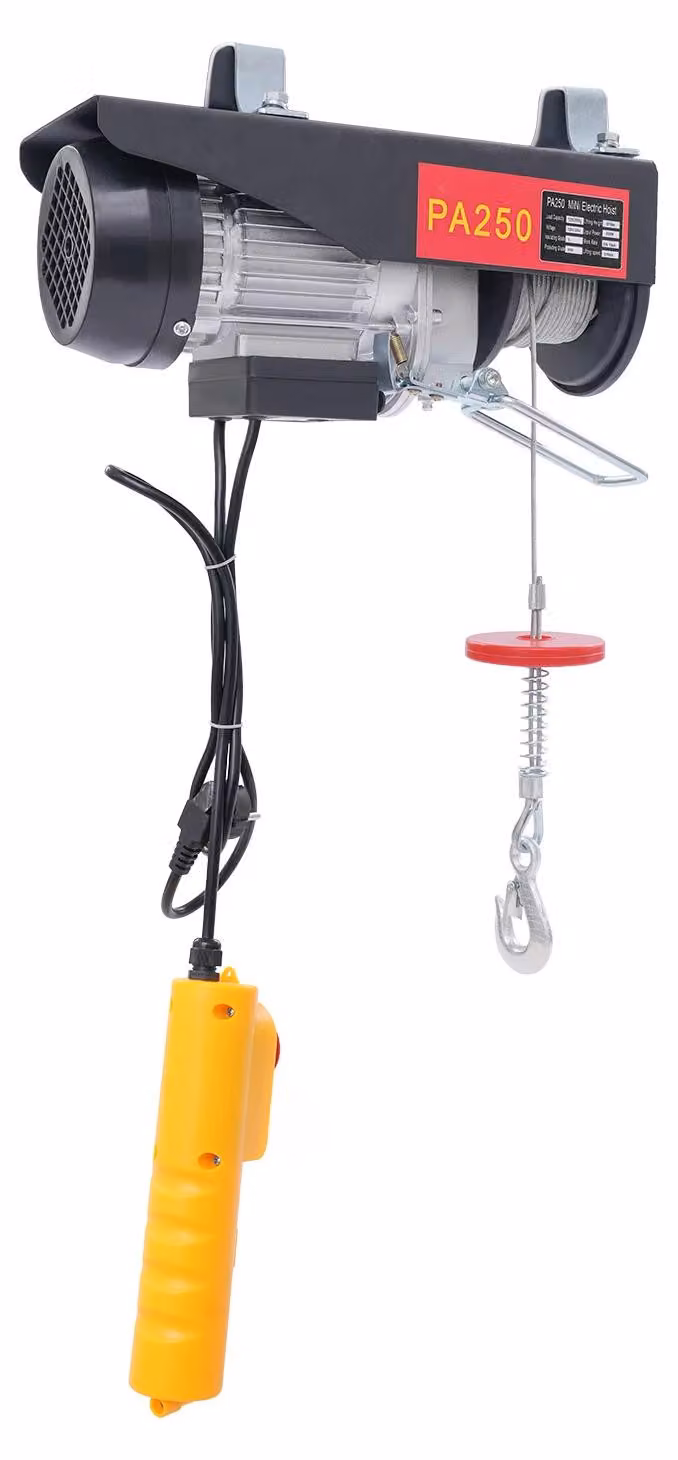 Avvolgitori elettrici - Motore da 550 W - Capacità di sollevamento: 250 kg - Funzionamento con singolo o doppio cavo - Telecomando wireless - Corpo in acciaio Q235, grado di protezione IP40, protezione da sovraccarico - Colore: rosso