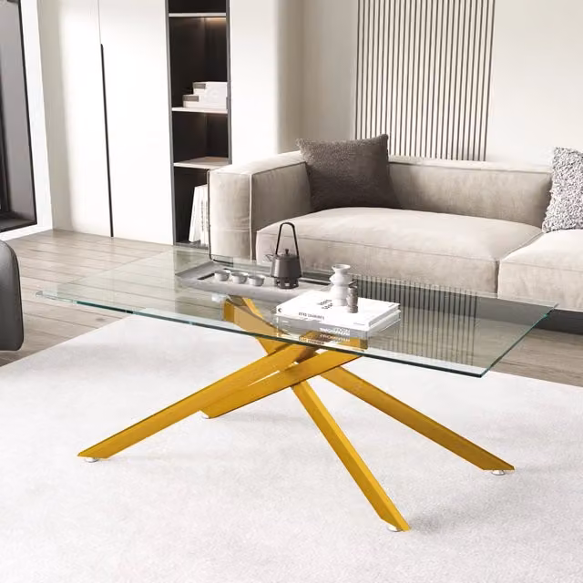 Tavolino da salotto rettangolare moderno WISHDOR in vetro trasparente e struttura metallica dorata, L: 120 cm, P: 60 cm, H: 46 cm