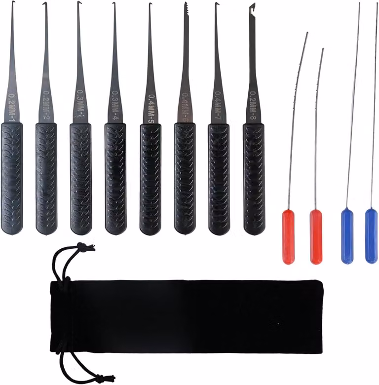 Set di estrattori per serrature, 12 pezzi, in acciaio inossidabile, da 0,15 a 0,4 mm, con custodia, per riparazioni
