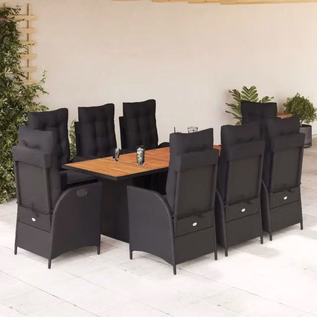 Set da pranzo da giardino vidaXL in legno di acacia e rattan nero con 9 pezzi