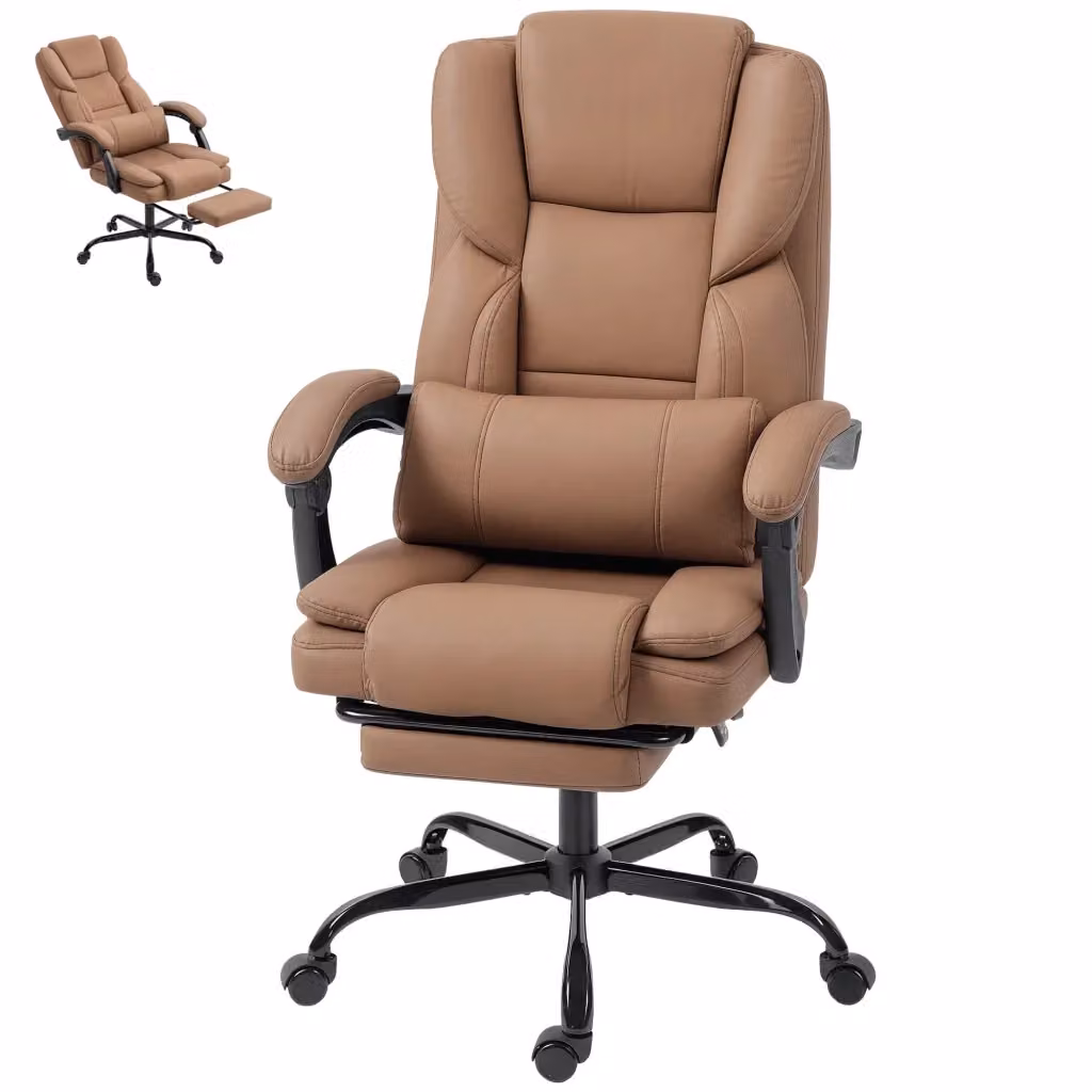 Sedia da Ufficio Executive Reclinabile in Finta Pelle Marrone con Poggiatesta, Braccioli e Rotelle, L: 65 cm, P: 67 cm, H: 111-119 cm – 2