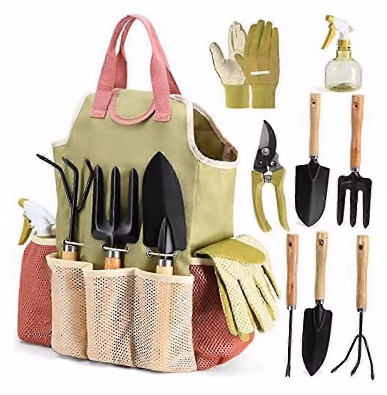 Set di attrezzi da giardino: include attrezzi da giardino con cesoie, strumenti per la piantumazione, una paletta, un rastrello manuale e una bottiglia spray, adatti sia per interni che per esterni