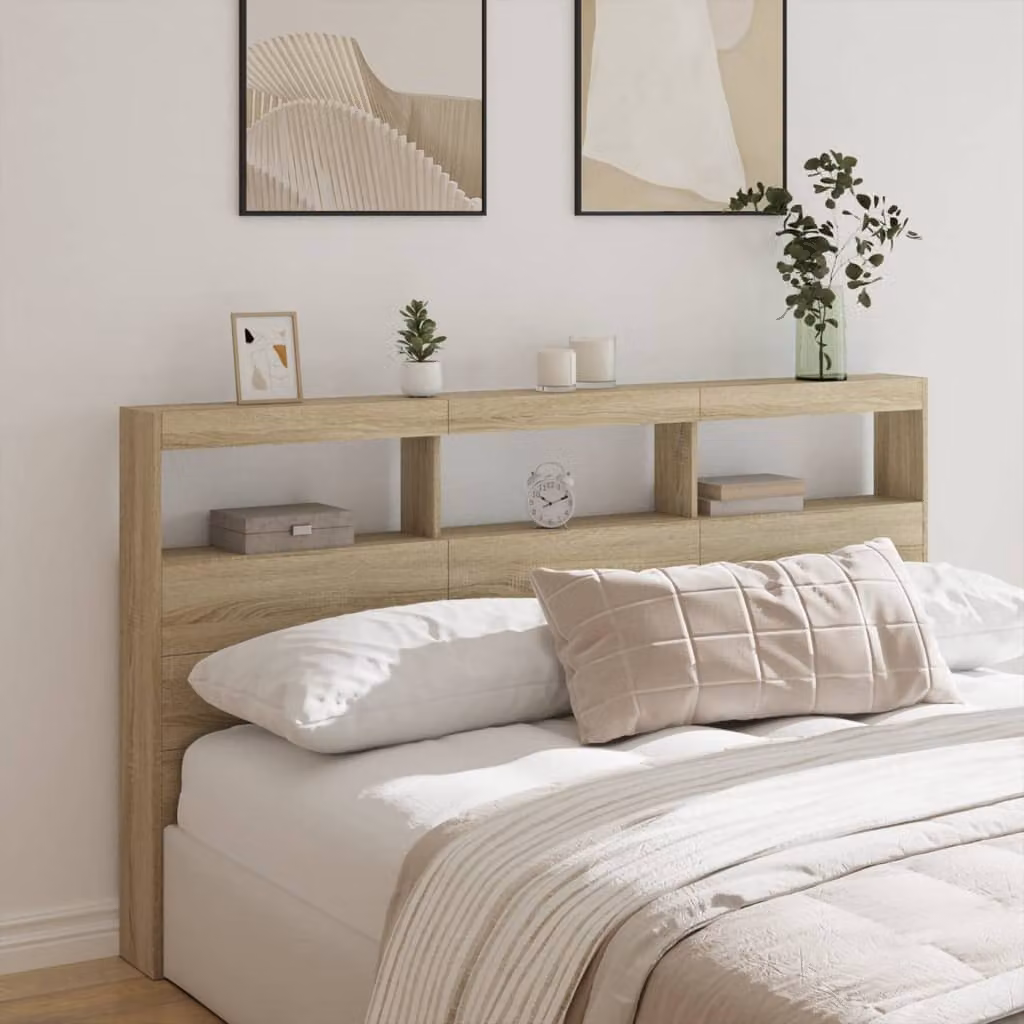 Testiera con Contenitore e Illuminazione LED vidaXL in Rovere Sonoma, con Ripiano e Porte USB, L: 180 cm, P: 17 cm, H: 102 cm