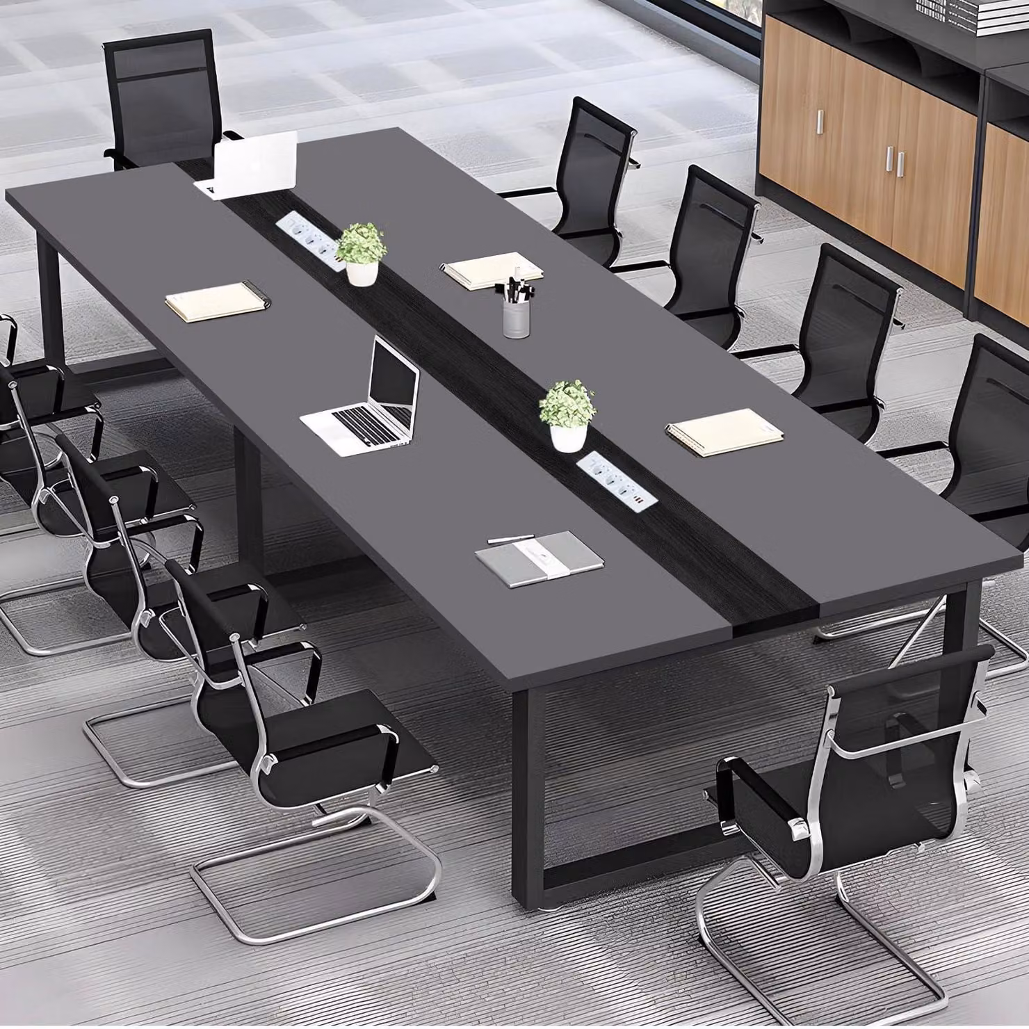Tavolo da conferenza con sistema di gestione dei cavi, dimensioni 200x80x74 cm, design moderno, ideale per l'ufficio