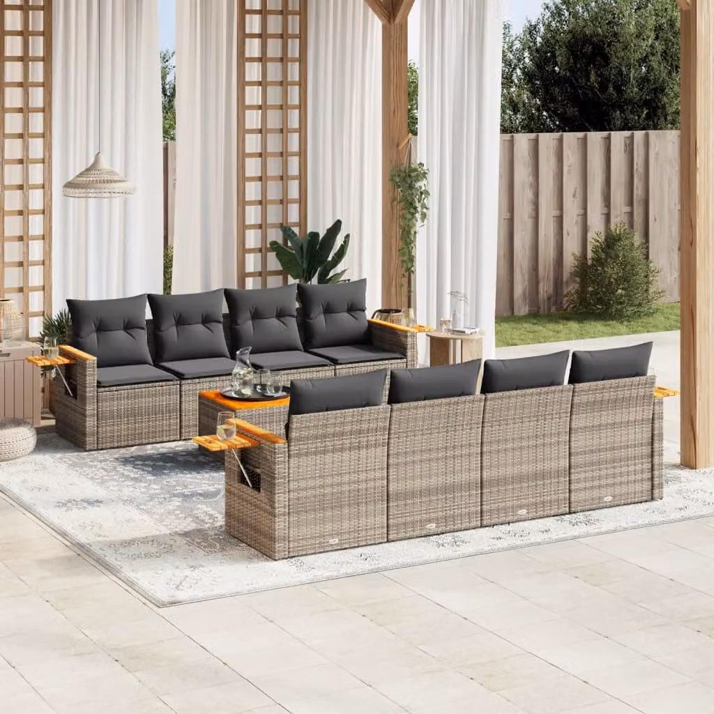 vidaXL Set Divano da Giardino 9 pz a forma di U in Polyrattan Grigio con Cuscini e Tavolino da Caffè – 1