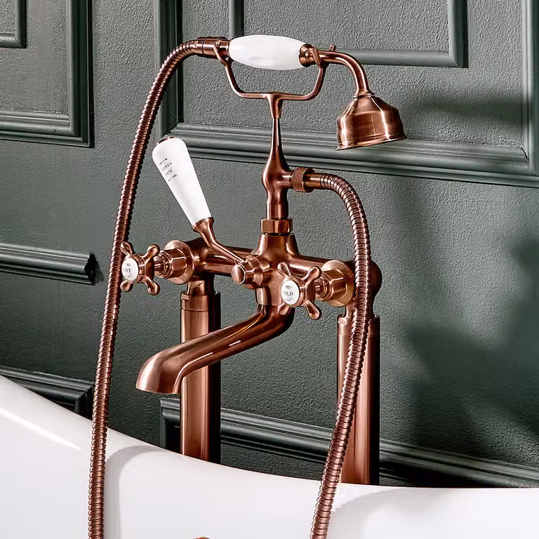 Miscelatore Vasca Freestanding Tradizionale - Maniglie a croce - doccetta - Rame Satinato