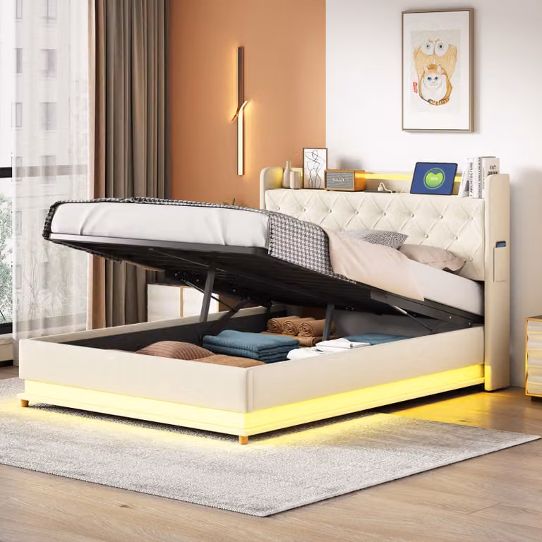Letto imbottito Fortuna Lai 160x200cm con strisce luminose a LED e connessione di ricarica USB, letto funzionale idraulico con contenitore, letto matrimoniale con rete a doghe e testiera per adulti e ragazzi, beige