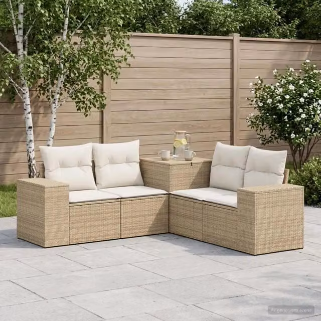 Set di divani da giardino a L vidaXL in polyrattan con pouf e cuscini, Beige e Bianco