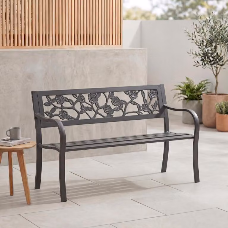 Panchina da giardino a 3 posti - Acciaio - Design a rosa - Nero - 125 x 76 x 53 cm