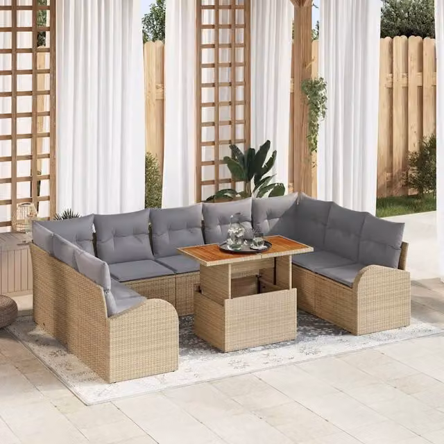 Set Divano da Giardino a Forma di U con 10 Pezzi vidaXL, Colore Beige, in Polyrattan e Metallo con Cuscini Inclusi – 1
