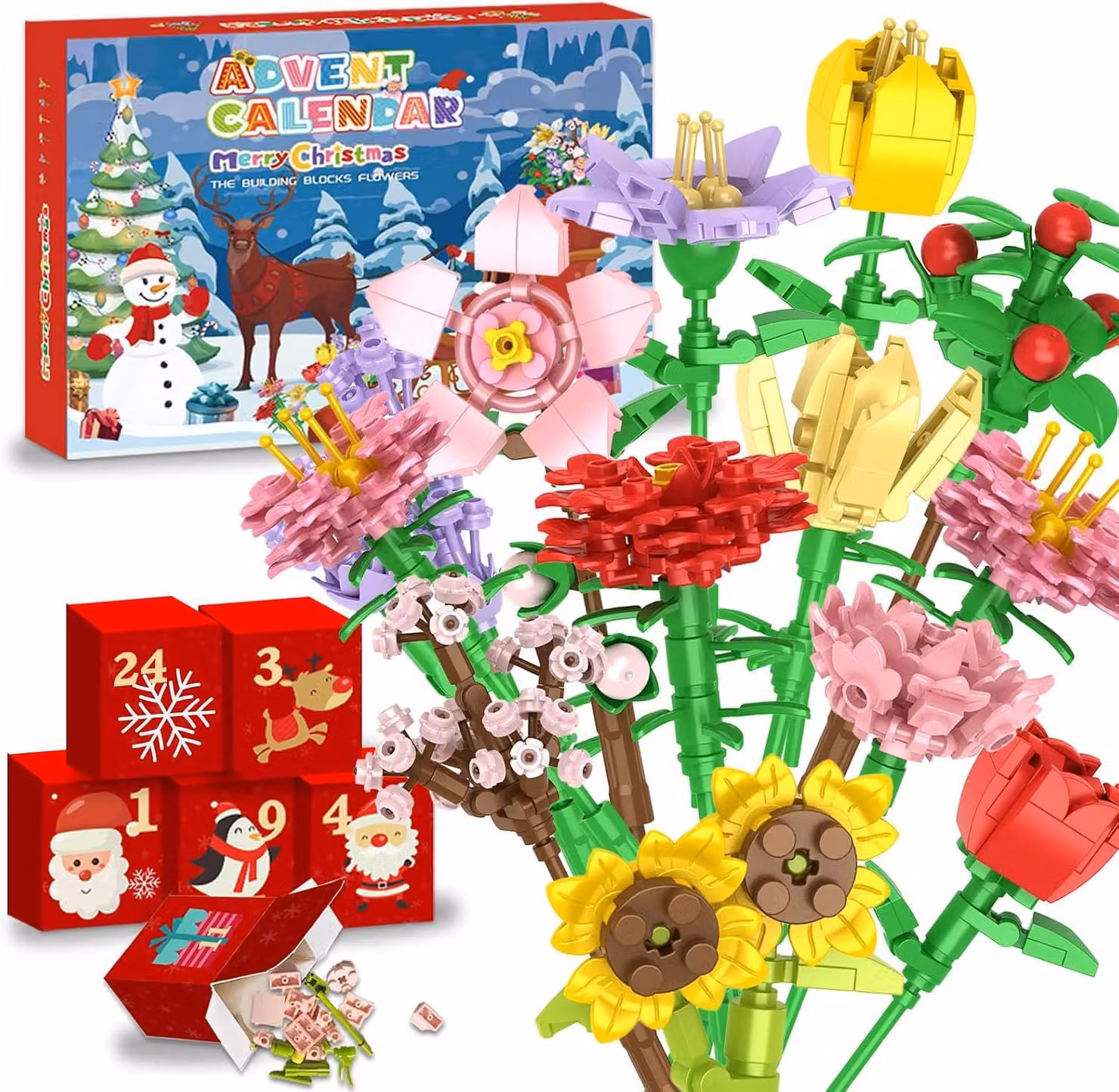 Calendario dell'Avvento 2025 a tema fiori, realizzato con mattoncini per bambini: calendario dell'Avvento di 24 giorni, calendario natalizio con 24 pezzi
