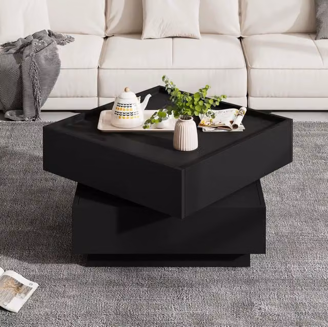 Tavolino da caffè 60x60x38 cm nero, piano girevole 360° e 2 cassetti, truciolare