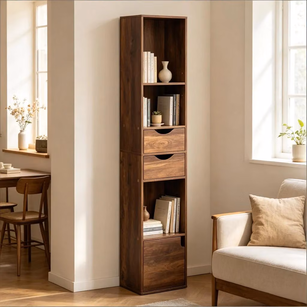 Libreria OKWISH moderna in legno marrone con ripiani regolabili per soggiorno e ufficio, H: 157.5 cm, L: 24.0 cm, P: 24.0 cm – 2