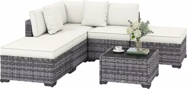 Mobili da Giardino 6pz in Rattan e Acciaio con Divano, Tavolino e Cuscini, Grigio