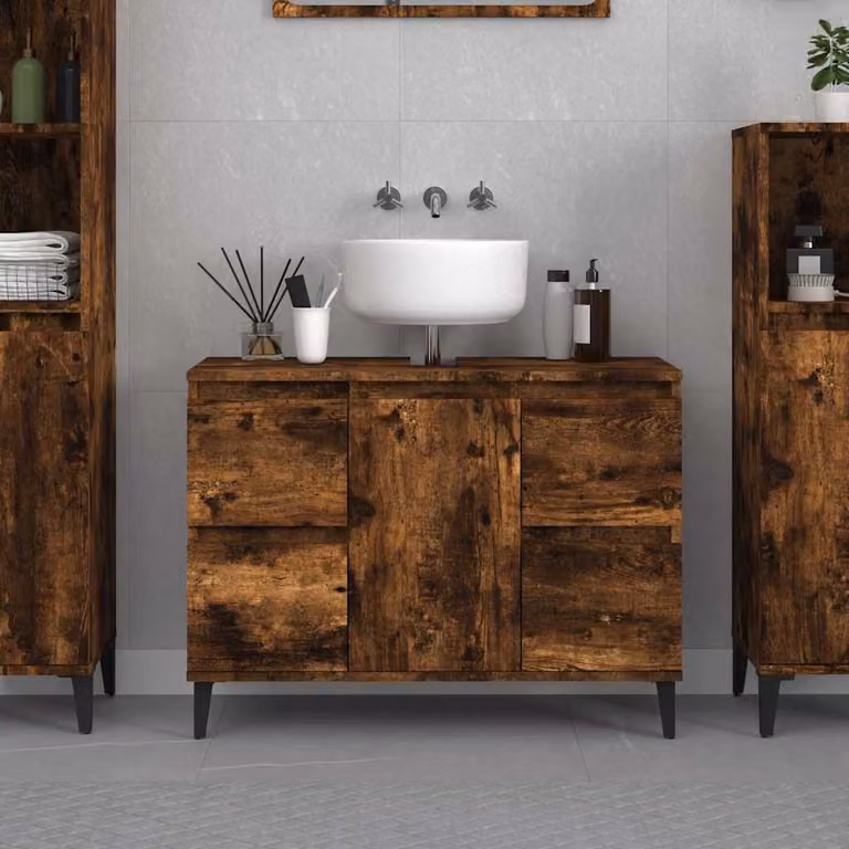 Mobile Lavabo vidaXL in Legno Rovere Fumo con Ante e Cassetti, L 80 x P 33 x H 60 cm