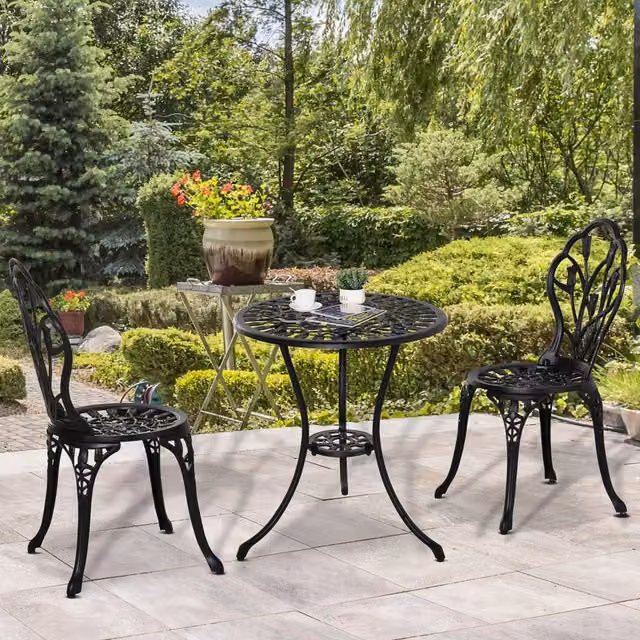Set da giardino WISHDOR composto da tavolo rotondo e 2 sedie pieghevoli in alluminio nero opaco per esterno – 1