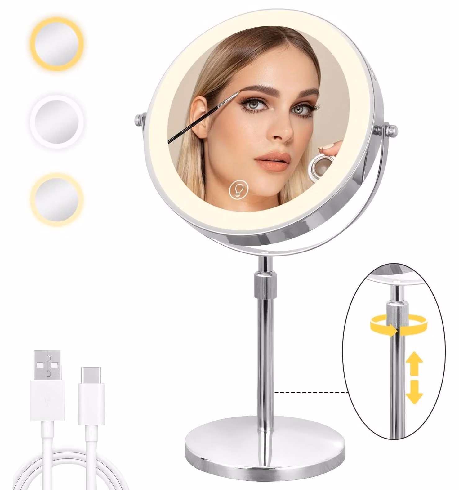 Specchio ingranditore da 8 pollici, con ingrandimento 1X/10X, ricaricabile tramite USB, color argento