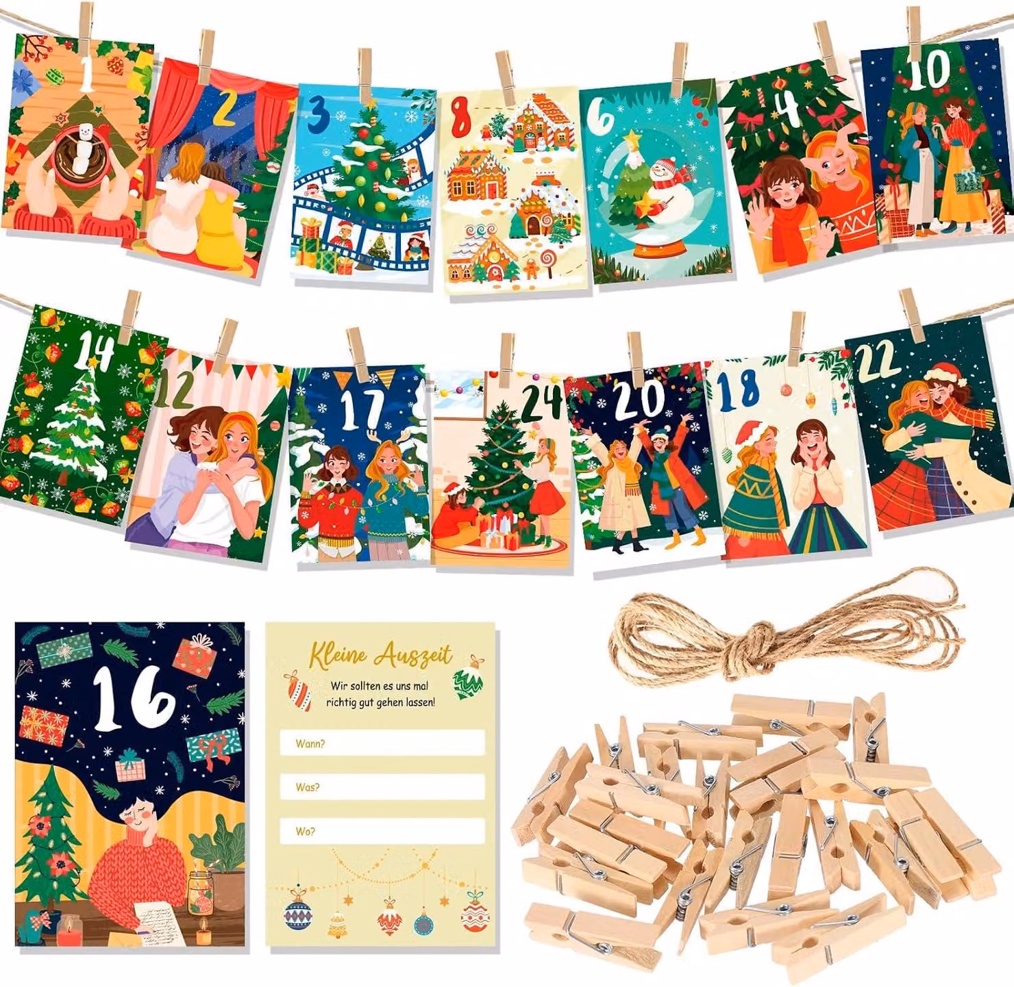 Calendario dell'Avvento per la tua amica 2025 - Calendario di Natale per la tua migliore amica con 24 biglietti - Morsetti in legno per appenderlo